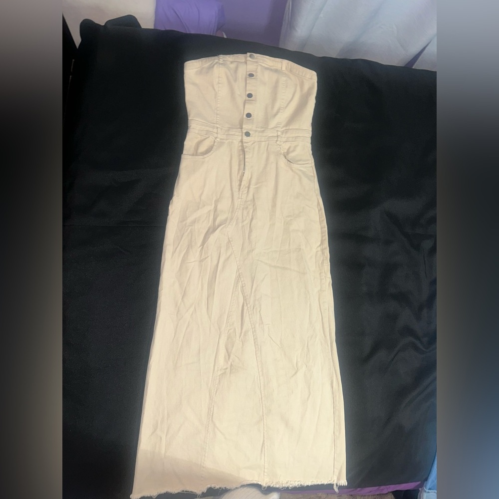 Fashion Nova Cream Strapless Dress with Button Detail
